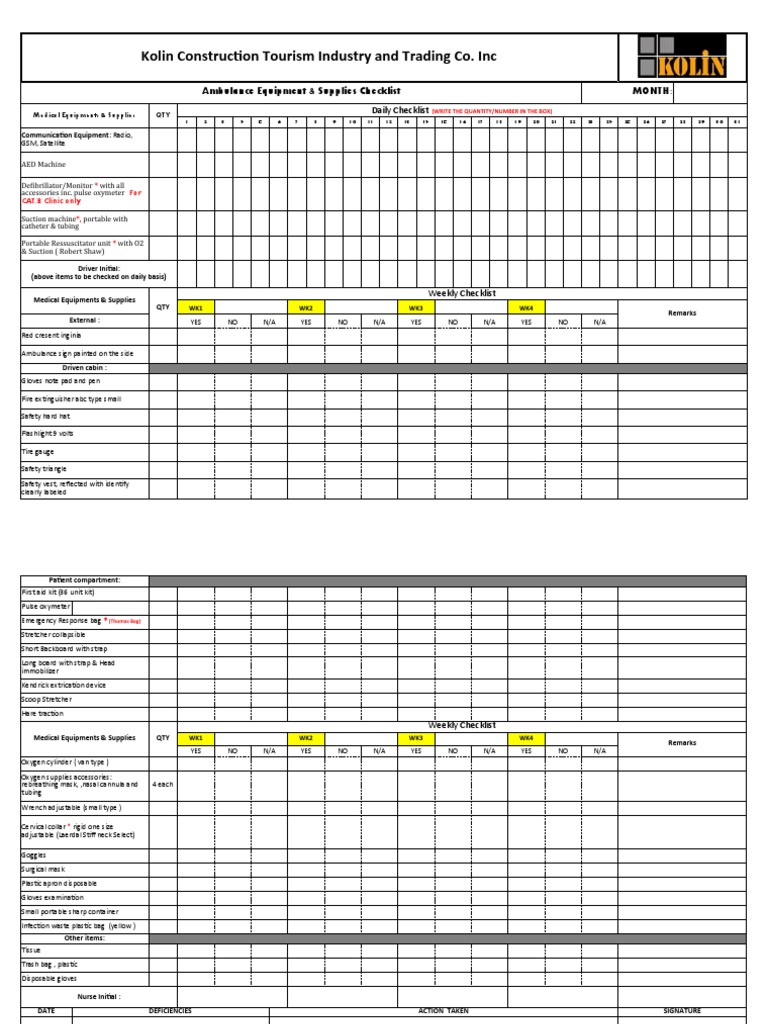 Ambulance Equipment Supplies Checklist PDF Medical Device Equipment