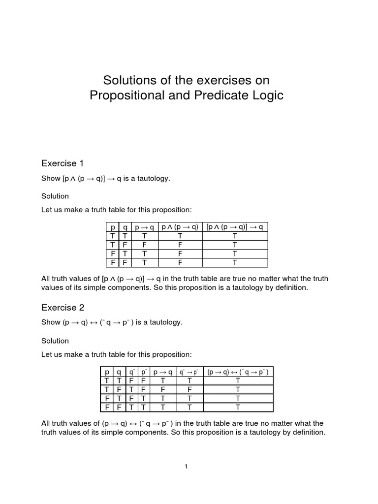 Propositional and Predicate Logic Exercises: Solutions for Truth Tables ...