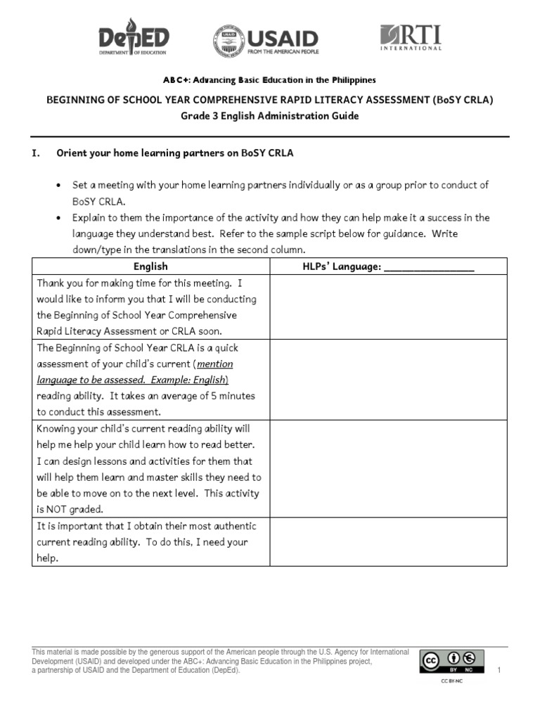 BoSY CRLA Grade 3 ENG Administration Guide | PDF | Literacy | Cognitive ...