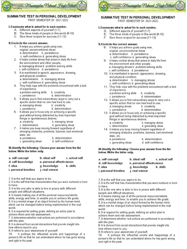 Grade 12 Personal Development Test | PDF | Goal | Creativity