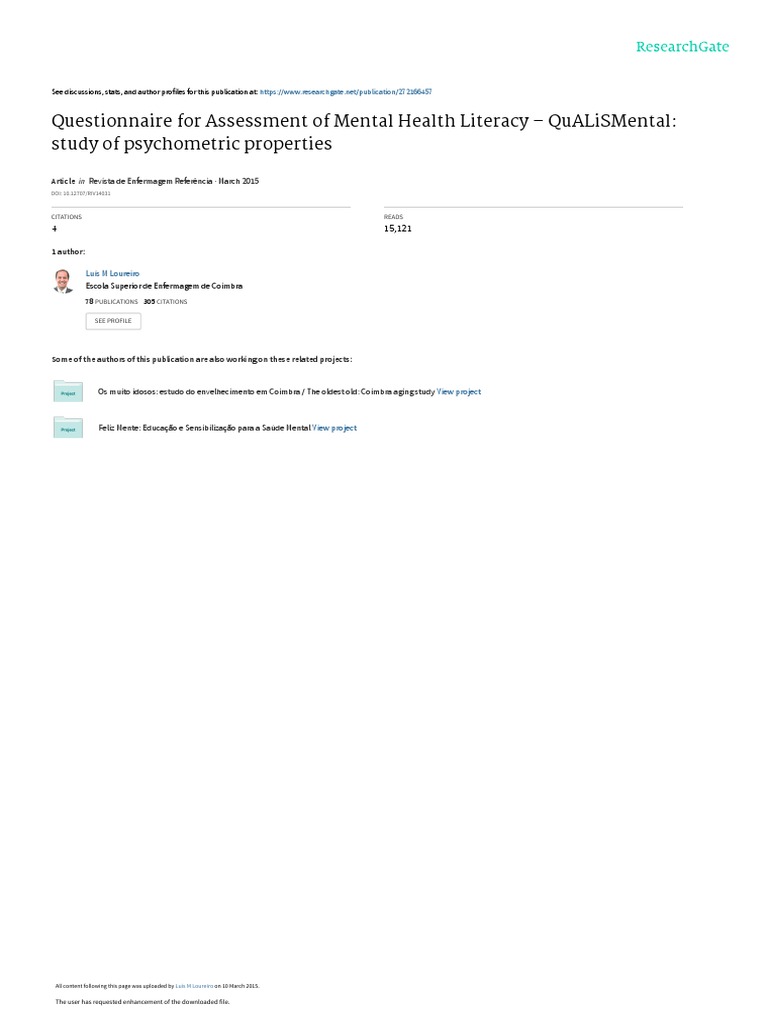 QuALiSMental: Assessing Mental Health Literacy | PDF | Factor Analysis ...