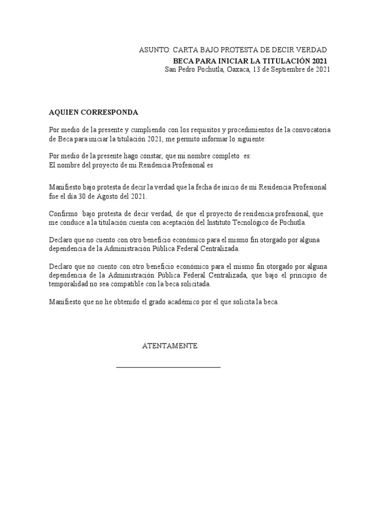 Carta Bajo Protesta de Decir Verdad para Beca | PDF