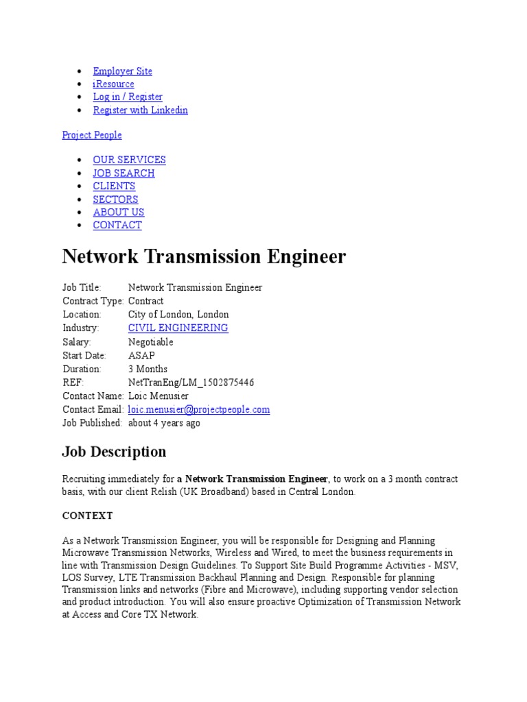 Network Transmission Engineer Job Description PDF Computer Network