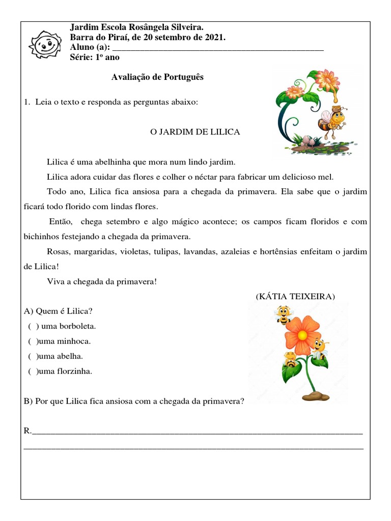Prova de Português - 1 Ano - 20-09-21 PDF | PDF
