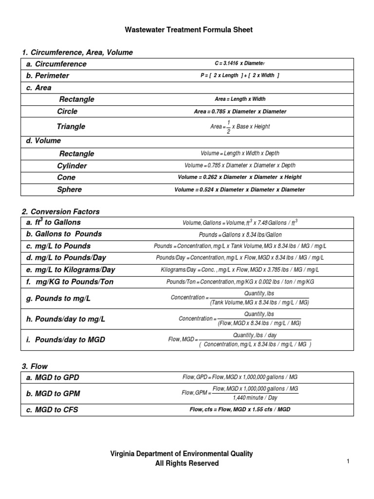 Wastewater Math Sheet