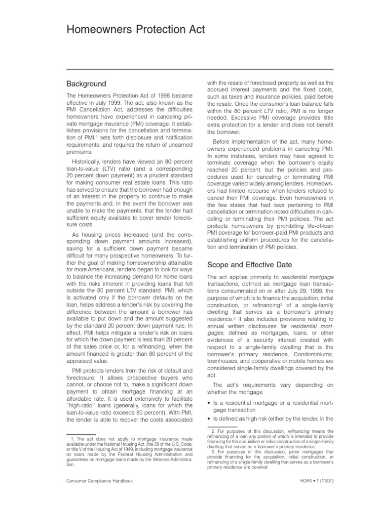 Homeowner Protection Act PDF Mortgage Loan Mortgage Insurance