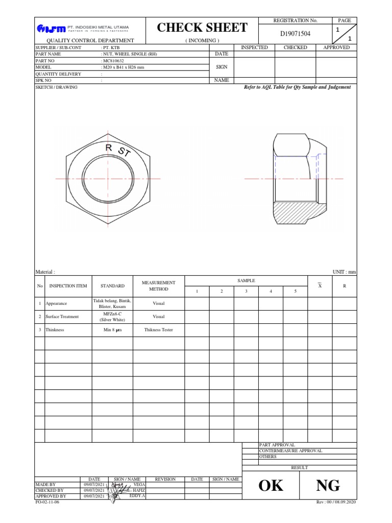 CheckSheet NUT, WHEEL SINGLE LH PDF Industrial Processes