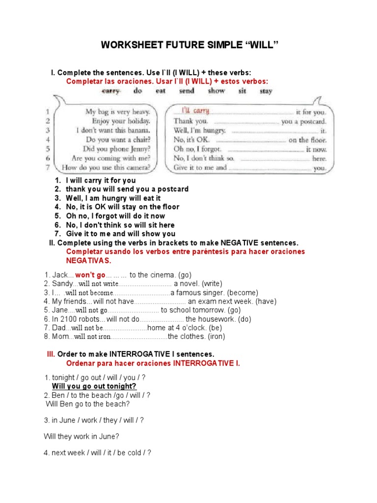 Future Simple "Will" Worksheet | PDF | Grammar | Syntax