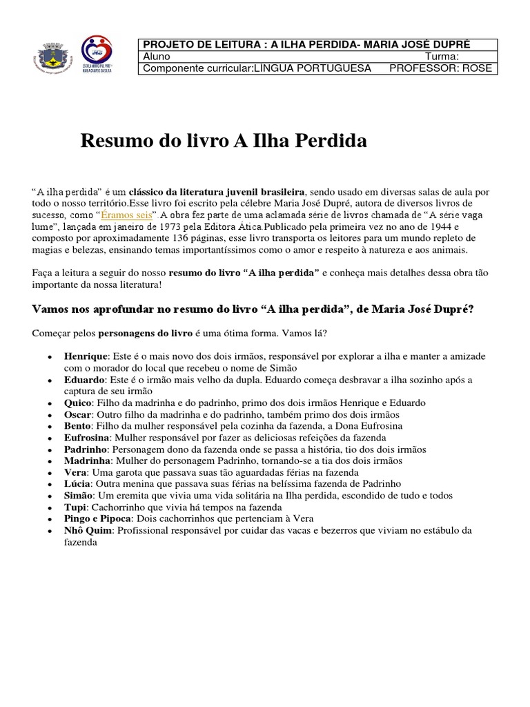 Resumo Do Livro A Ilha Perdida PROF ROSE | PDF | Livros | Tempo