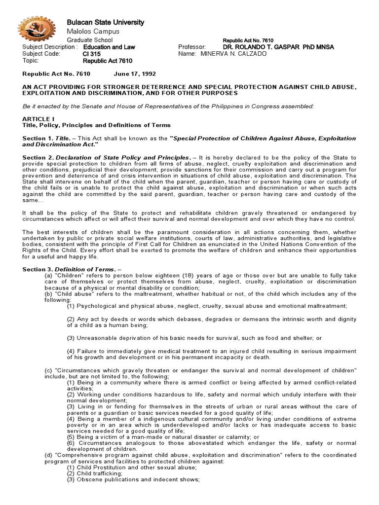 Republic Act 7610: Child Protection Law | PDF | Legal Guardian | Obscenity