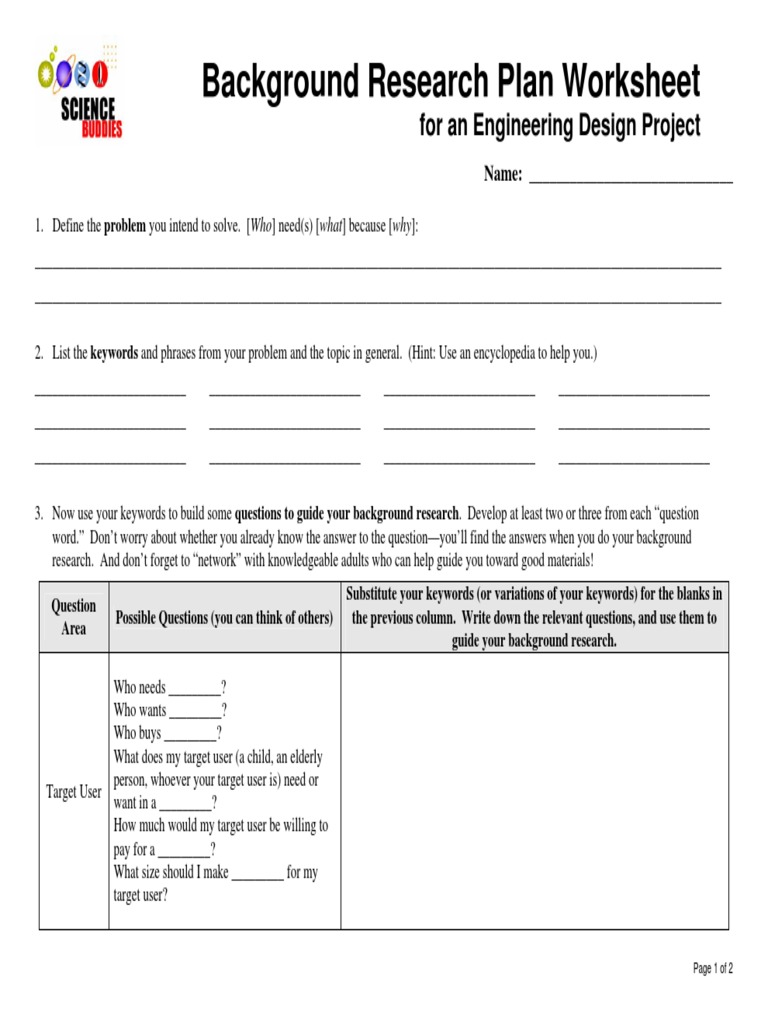 Background Research Plan Worksheet: For An Engineering Design Project ...