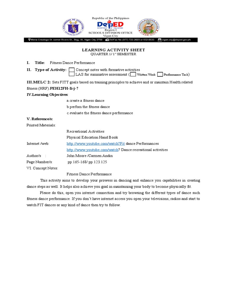 Fitness Dance Training Activity Sheet | PDF | Educational Assessment ...