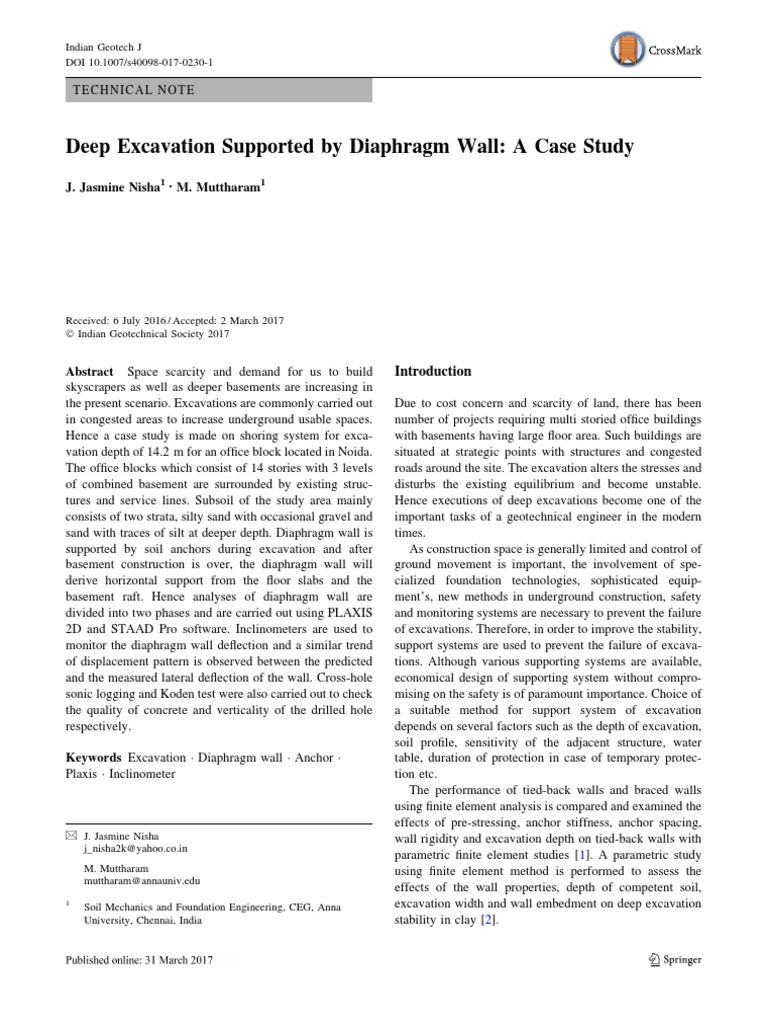 Deep Excavation Supported by Diaphragm Wall - A Case Study | PDF ...