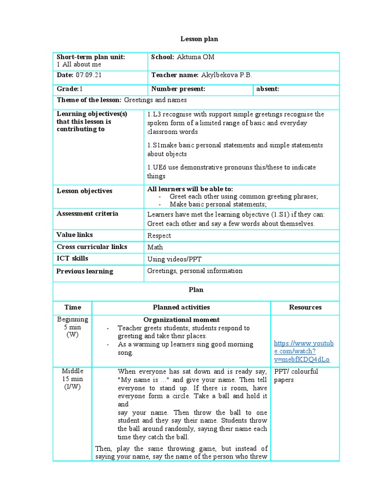 Grade 1 Lesson Plan: Greetings & Colors | PDF | Educational Technology ...