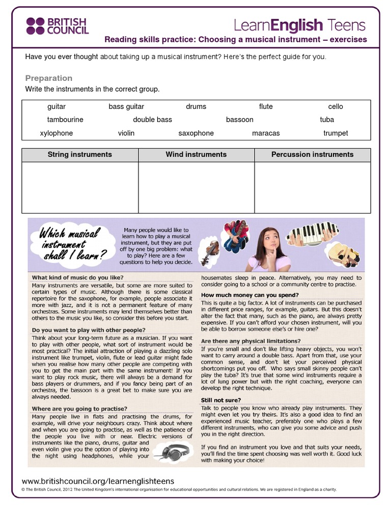 Choosing A Musical Instrument - Exercises 1 | PDF | Musical Instruments ...