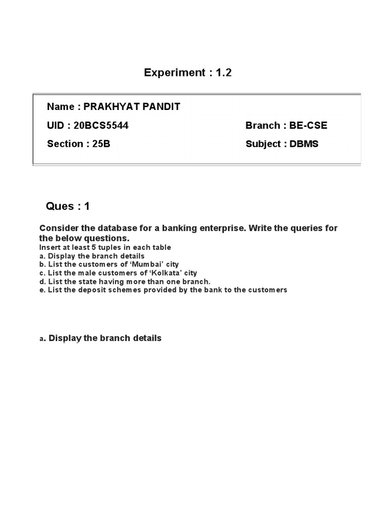 Experiment: 1.2: Name: Prakhyat Pandit UID: 20BCS5544 Branch: BE-CSE ...