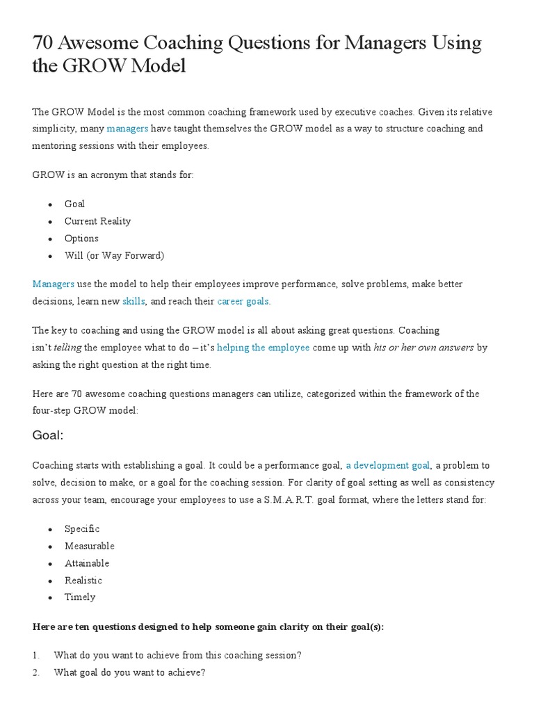 GROW Model Coaching Questions for Managers | PDF | Goal | Psychology