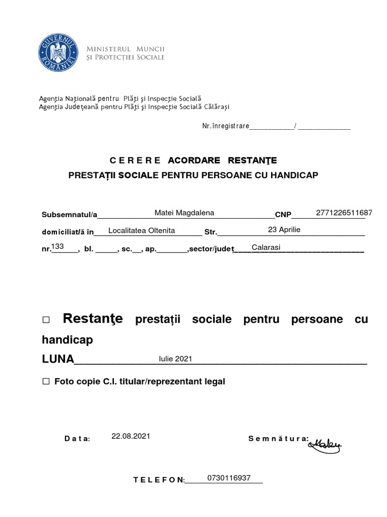 Cerere Acordare Restante Persoane Cu Handicap | PDF