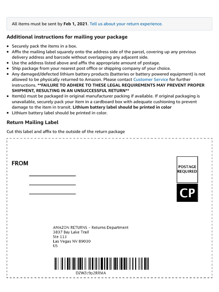 Amazon Return Instructions for Lithium Batteries | PDF