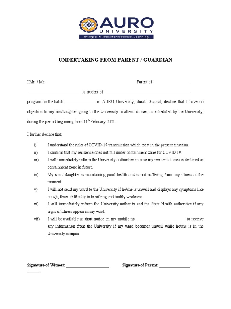 Undertaking From Parent / Guardian: Signature of Witness: Signature of ...