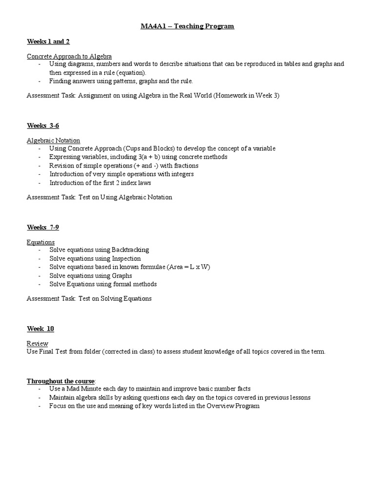 Algebra Teaching Program Overview | PDF | Teaching Methods & Materials ...