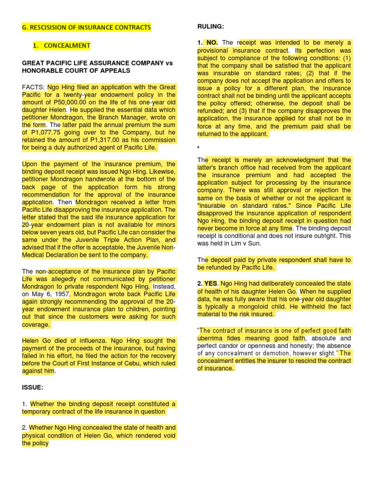 G. Rescisision of Insurance Contracts 1. Concealment Ruling 1. NO