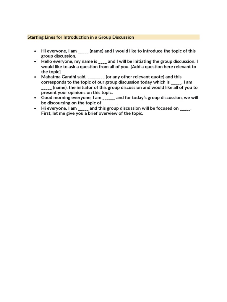 Starting Lines For Introduction in A Group Discussion PDF