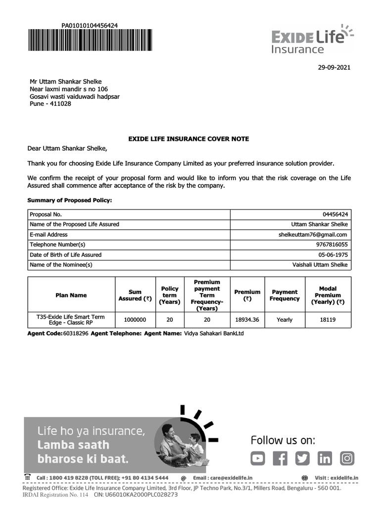 Covernote Sa6849 Pdf Insurance Life Insurance