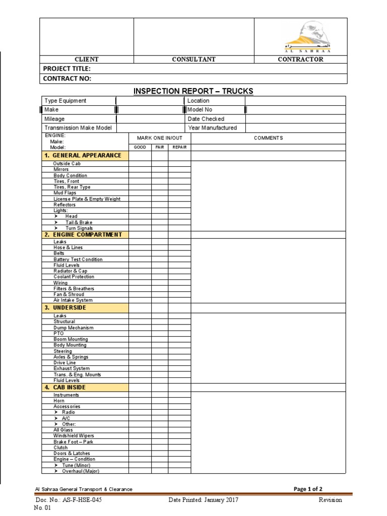 45 AS-F-HSE 045 - Inspection Report Trucks | PDF | Truck | Land Vehicles