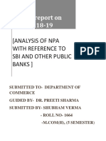 Project Report On NPA 2018-19: (Analysis of Npa With Reference To Sbi and Other Public Banks)