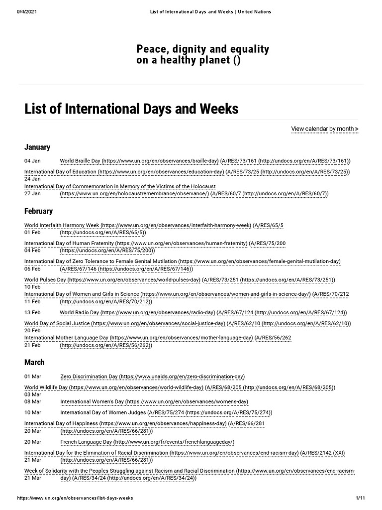 List of International Days and Weeks United Nations PDF United