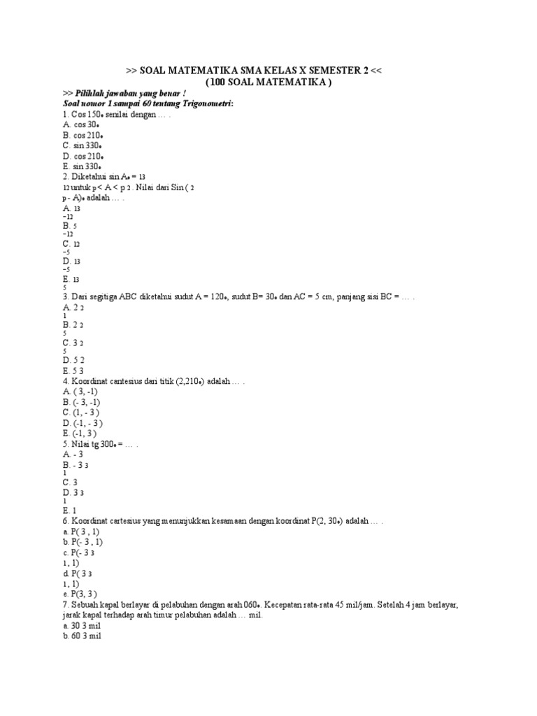 Soal Matematika Sma Kelas X Semester 2