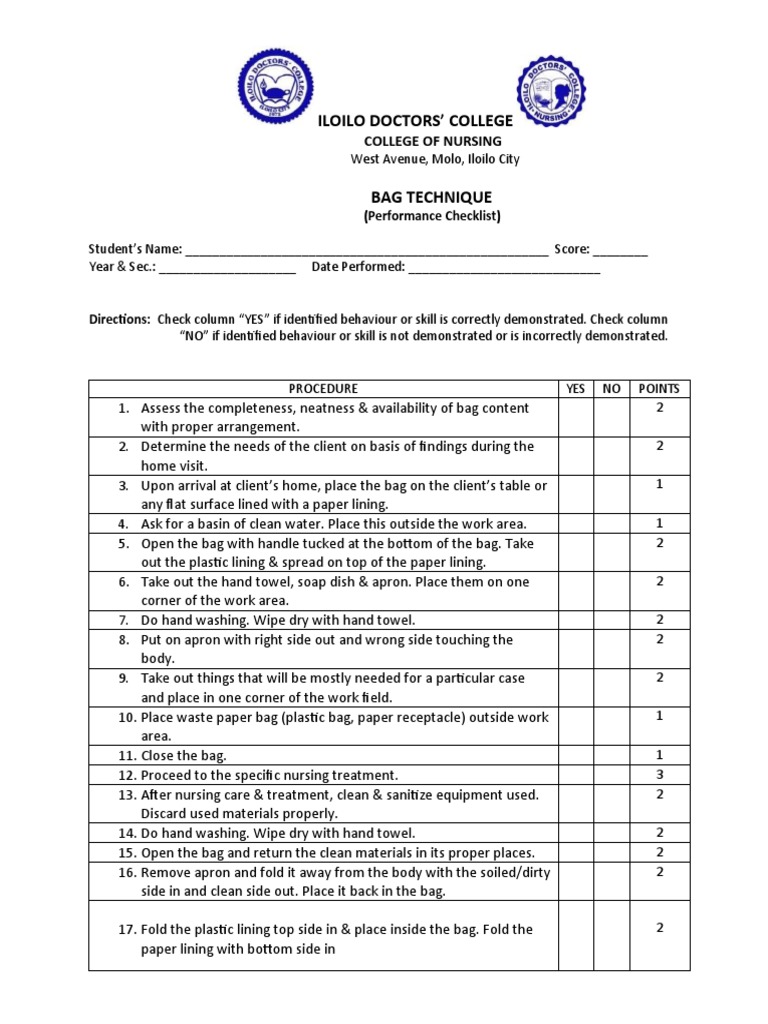 Bag Technique Checklist PDF Hand Washing Health Sciences