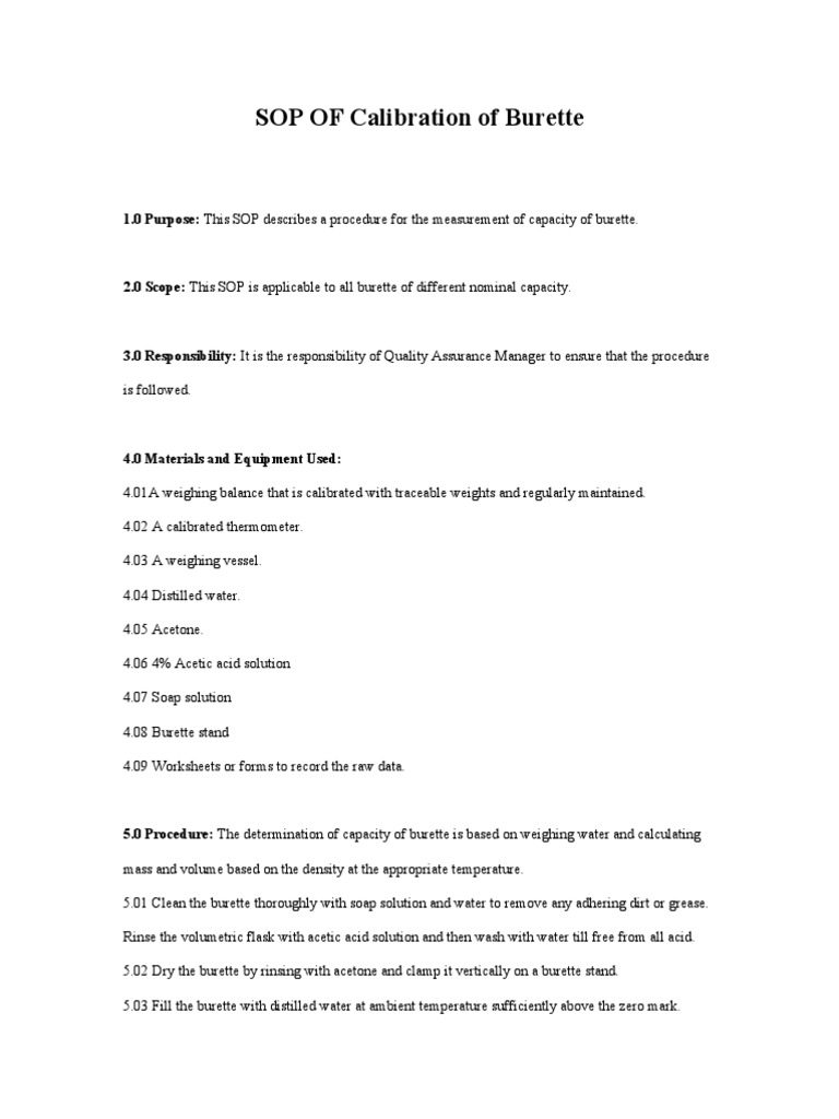 SOP of Calibration of Burette PDF Calibration Volume