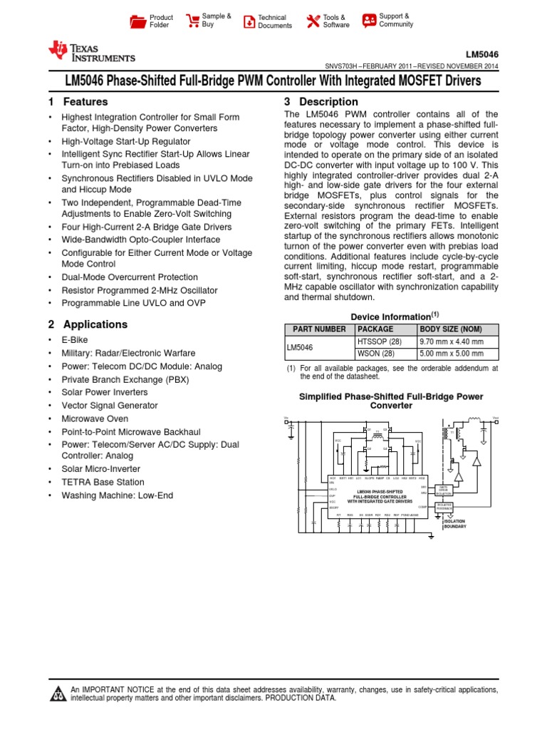LM5046Phase Shifted Full Bridge Controller PDF Electrostatic