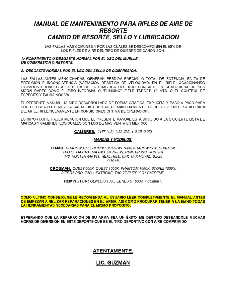 Manual de Mantenimiento para Rifles de Aire de Resorte | PDF