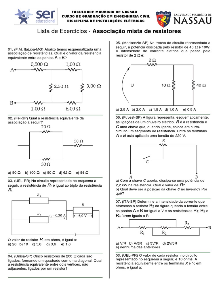 Exercícios sobre Associação de Resistores | PDF | Resistência elétrica ...