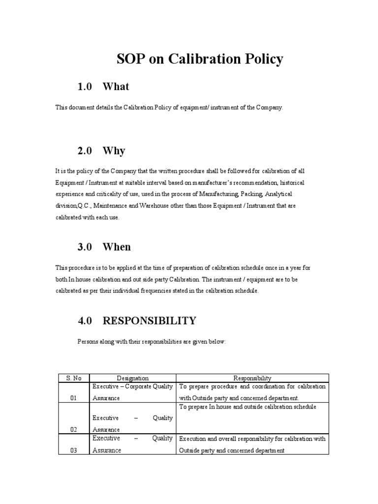 SOP On Calibration Policy PDF Calibration Quality Assurance