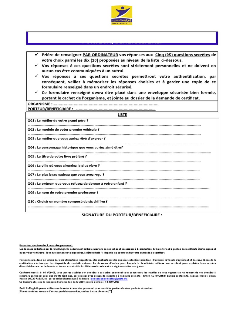 Formulaire Questions Secrètes Pdf Certificat électronique