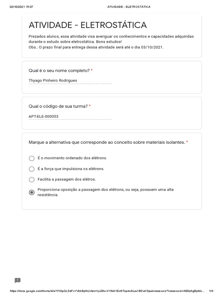 Atividade de Eletrostática para 8º Ano | PDF | Carga elétrica ...