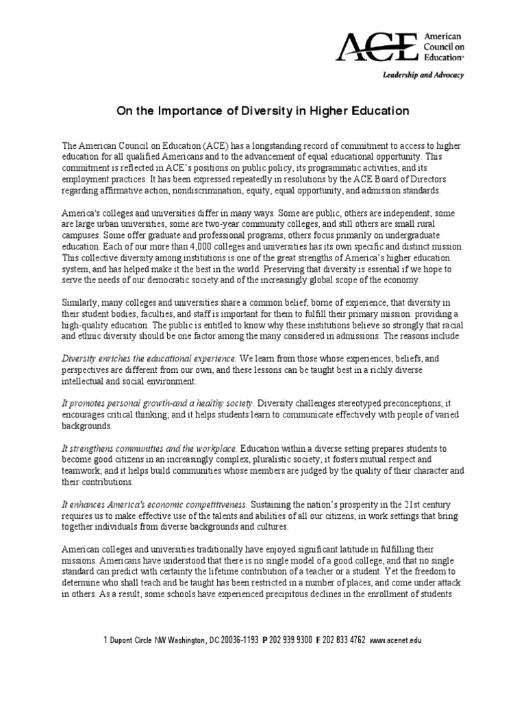 Importance of Diversity in Higher Education | PDF | Multiculturalism ...