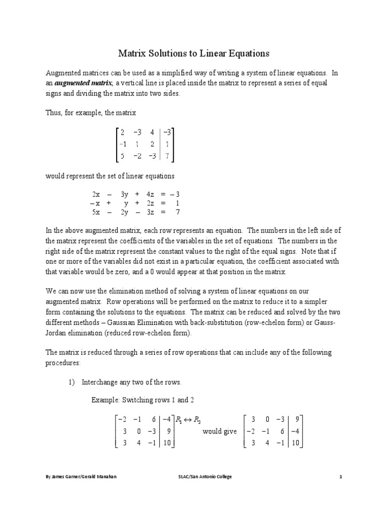 Math1314 Matrix Solutions To Linear Equations | PDF | Matrix ...
