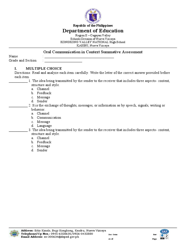 Oral Communication in Context Summative Assessment | PDF