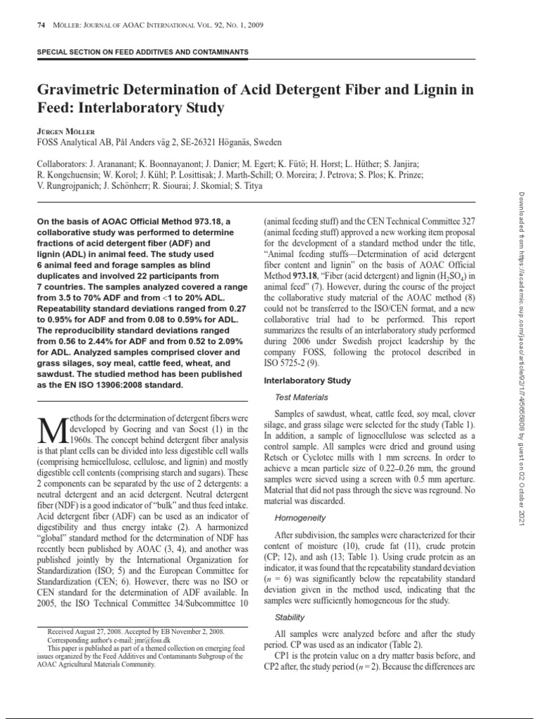 Gravimetric Determination of Acid Detergent Fiber & Lignin in Feed ...