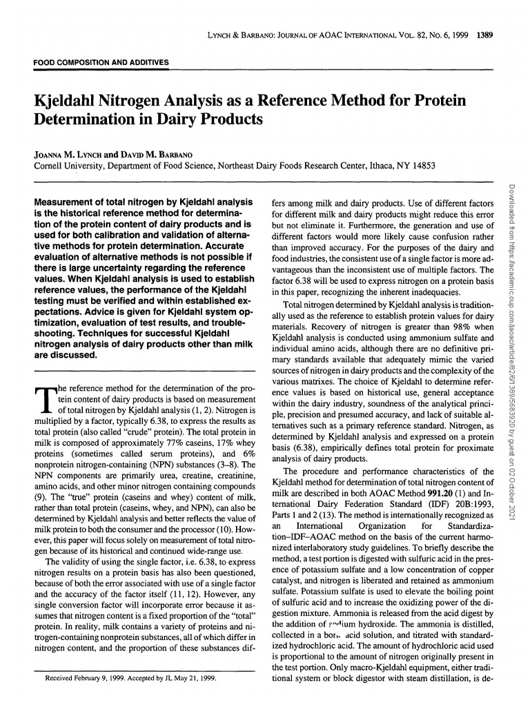 Kjeldahl Nitrogen Analysis As Reference Methods For Protein Determination in Dairy Products