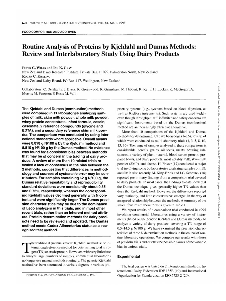 Routine Analysis of Proteins by Kjeldahl & Dumas Methods - Review ...