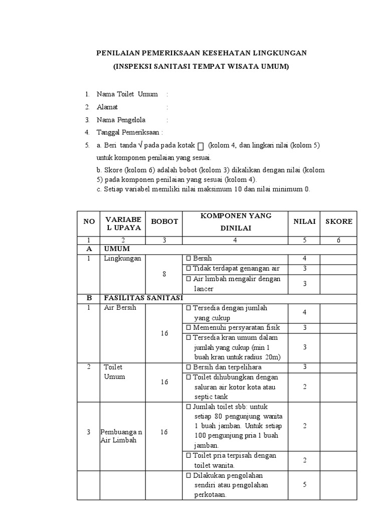 Checklist Inspeksi Sanitasi Toilet Umum | PDF