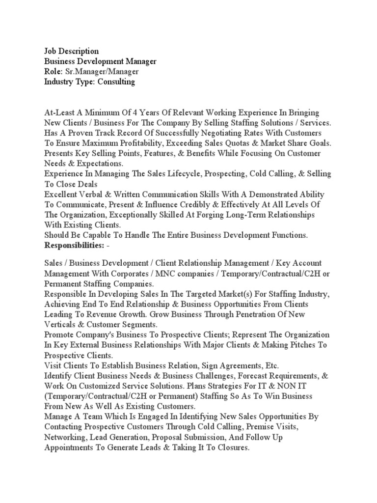 Job Description BDM PDF Sales Customer