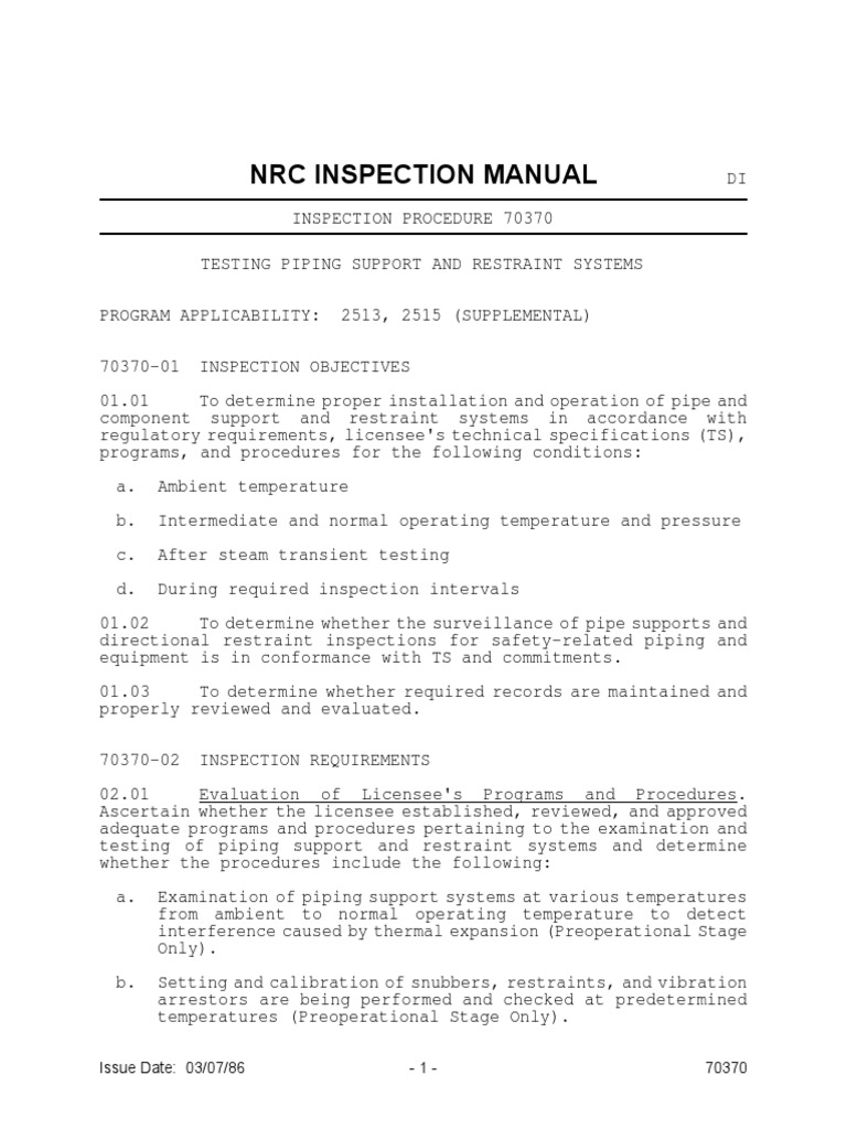 NRC Inspection Procedure for Piping Systems | PDF | Pipe (Fluid ...
