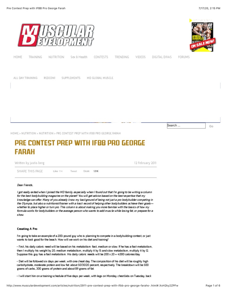 Pre-Contest Diet Plan by George Farah | PDF | Carbohydrates | Nutrition